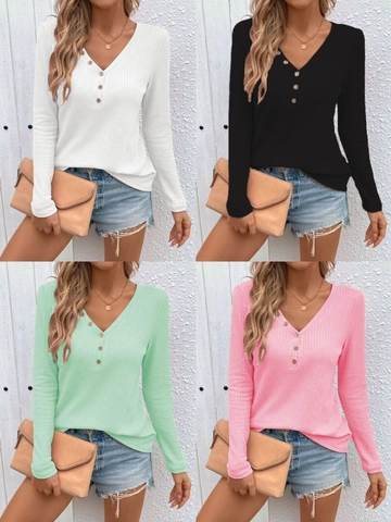 Women's Casual Waffle Knit Long Sleeve T-Shirt V-Neck Henley Shirt Button Down Solid Color Basic Top Autumn Clothing