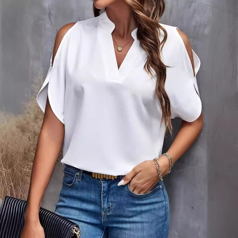Women Summer Cold Shoulder Blouse V Neck Short Sleeve Floral Leopard Paisley Print Loose Casual Polyester Top