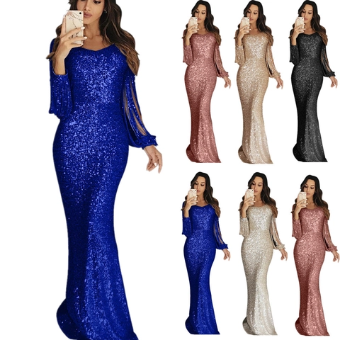 Elegant Sequin Long Sleeve Evening Gown For Women Fringe V Neck Fishtail Banquet Party Dress Maxi Wedding Guest Dress