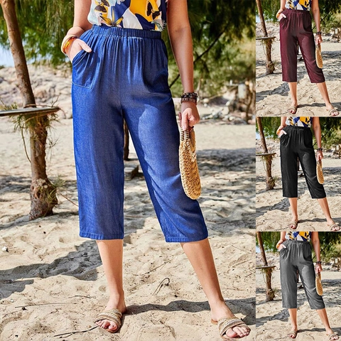 Women's Casual Wide Leg Capri Pants High Waist Loose Culottes With Pockets Solid Color Summer Beach Holiday Trousers