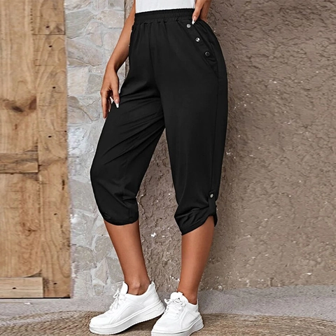 Women Casual Capri Pants High Waist Elastic Cropped Trousers With Buttons Decoration Solid Color Slim Fit Fashion Pants