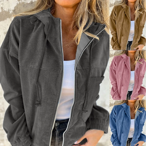 Damen Casual Cord Kapuzenjacke Locker Einfarbig Reißverschluss Oberbekleidung Mit Kordelzug Elastische Bündchen Herbst Mantel