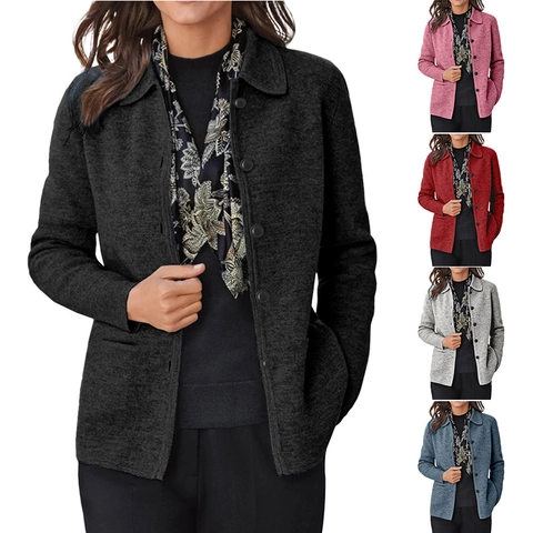 Damen Casual Revers Knöpfe Langarm Hemd Einfarbig Gebürstet Polyester Top Mit Taschen Lässige Bluse