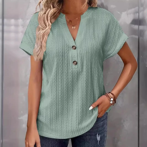 Γυναικείο Casual T-Shirt με Λαιμόκοψη V και Κουμπιά Κοντό Μανίκι Χαλαρή Εφαρμογή Ανάγλυφη Υφή Streetwear Μονόχρωμο Βασικό Καλοκαιρινό Tee