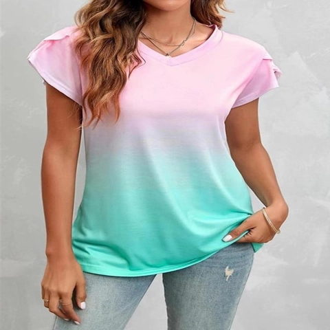 Damen Sommer Verlauf Ombré V-Ausschnitt T-Shirt Blütenblatt Kurzarm Locker Casual Baumwollmischung Pullover Top Für Alltag