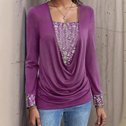 T-Shirt à Manches Longues Décontracté pour Femmes Faux Deux Pièces Patchwork Floral Col Carré Drapé Top Grande Taille