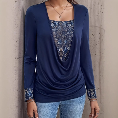 T-Shirt à Manches Longues Décontracté pour Femmes Faux Deux Pièces Patchwork Floral Col Carré Drapé Top Grande Taille