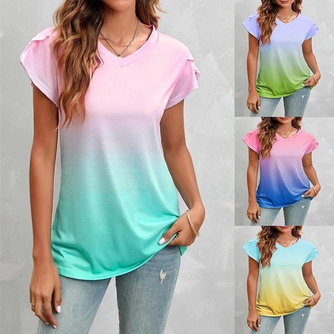 Dames Zomer Gradiënt Ombré V-hals T-shirt Bloemblad Korte Mouw Los Casual Katoenmix Pullover Top Voor Dagelijks Gebruik