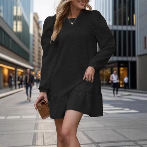 Abito Mini da Donna Trapuntato a Maniche Lunghe con Girocollo a Rombi e Orlo a Volant Abito Pullover Autunno Inverno