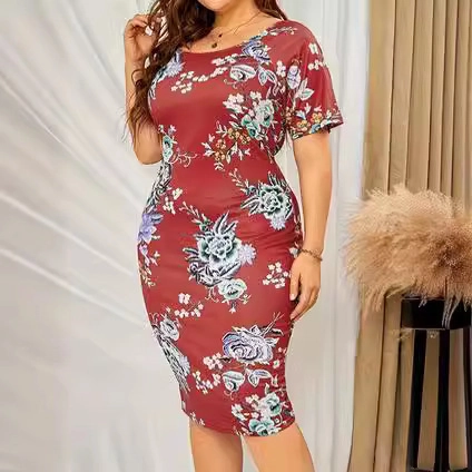 Abito Midi Bodycon Elegante da Donna Taglie Forti con Stampa Floreale di Rose Girocollo Manica Corta a Pipistrello Slim Fit Casual Estate Matrimonio