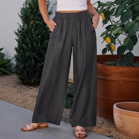 Damen High Waist Hose Mit Weitem Bein Elastische Taille Einfarbig Lässige Sommer Gerade Hose Mit Taschen