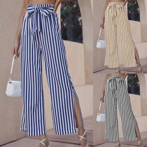 Damen Streifen Hose Mit Hoher Taille Weites Bein Lässig Locker Paperbag-Taille Hose Mit Seitenschlitzen Bindegürtel Sommerhose