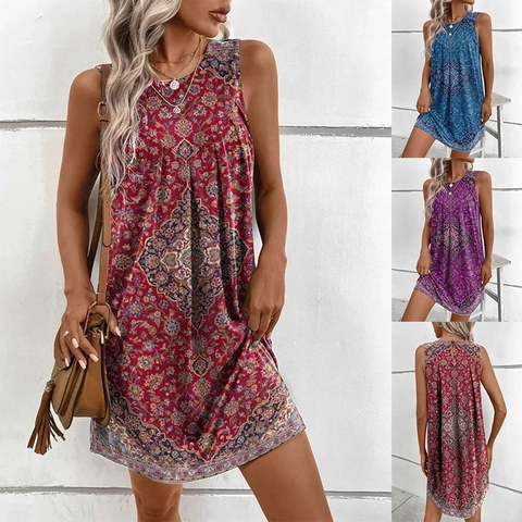 Damen Böhmisch Ärmellos Mandala Druck Kleid Sommer Casual Ethno Rundhals Shift Mini Kleid Urlaub Ferien Strandkleid