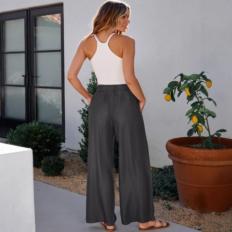 Damen High Waist Hose Mit Weitem Bein Elastische Taille Einfarbig Lässige Sommer Gerade Hose Mit Taschen