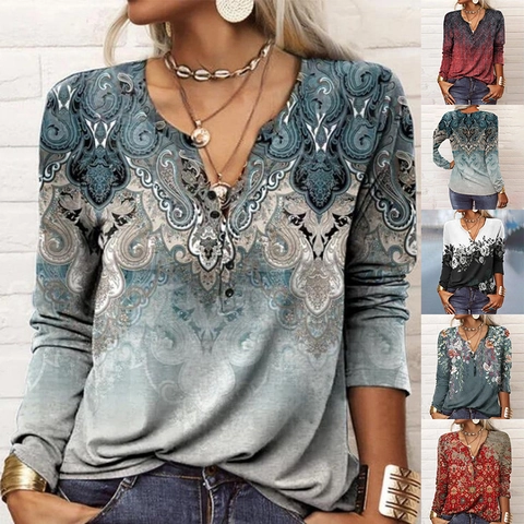 Women Vintage Bohemian Ethnic Paisley Printed T-Shirt Long Sleeve V Neck Henley Top Retro Gradient Floral Casual Tee