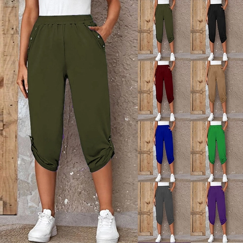 Women Casual Capri Pants High Waist Elastic Cropped Trousers With Buttons Decoration Solid Color Slim Fit Fashion Pants