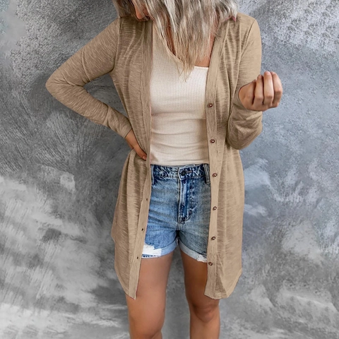 Women Long Sleeve Knit Cardigan Button Up Open Front Mid Length Solid Color Lightweight Casual Loose Outerwear Sweater