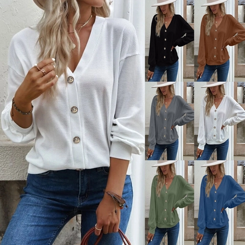 Waffle Knit V-Neck Button T-Shirt For Women Loose Casual Long Sleeve Top Streetwear Trendy Pullover Fashion Lightweight Cardigan
