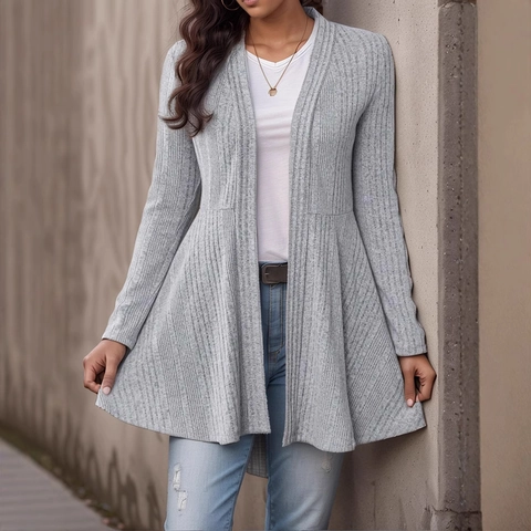 Damen Rippstrick Cardigan Langarm Schößchen Saum Offene Vorderseite Einfarbig Freizeit Strickjacke Oberbekleidung