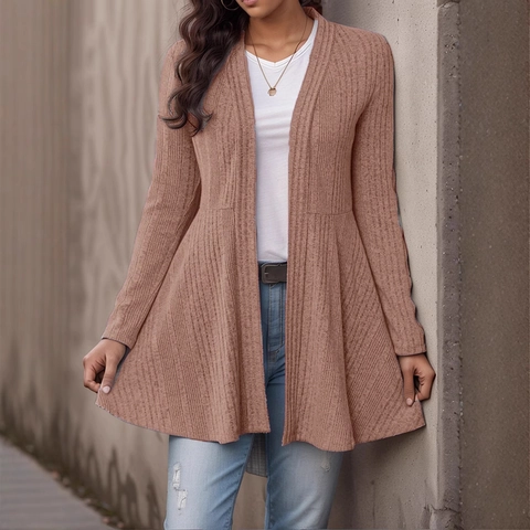 Damen Rippstrick Cardigan Langarm Schößchen Saum Offene Vorderseite Einfarbig Freizeit Strickjacke Oberbekleidung