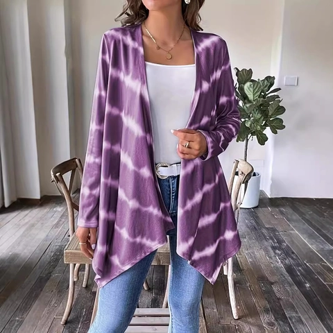 Dames Tie-Dye Cardigan Open Voorkant Lange Mouw Casual Losse Bovenkleding Polyester Elastaan Bedrukte Jas