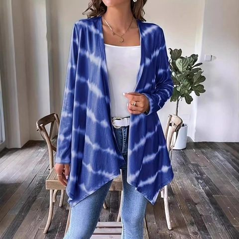 Dames Tie-Dye Cardigan Open Voorkant Lange Mouw Casual Losse Bovenkleding Polyester Elastaan Bedrukte Jas