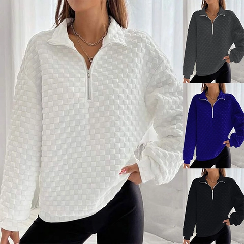 Women Waffle Knit Sweatshirt Half Zip Stand Collar Long Sleeve Loose Oversized Pullover Top Autumn Winter Casual Fashion