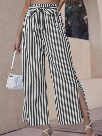 Damen Streifen Hose Mit Hoher Taille Weites Bein Lässig Locker Paperbag-Taille Hose Mit Seitenschlitzen Bindegürtel Sommerhose
