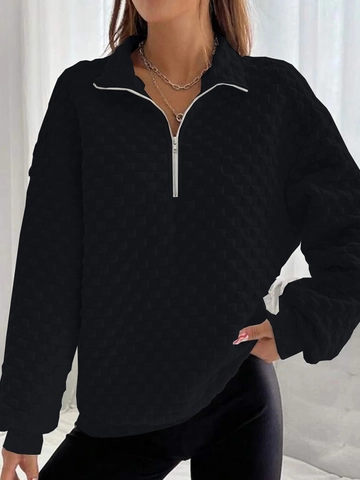 Women Waffle Knit Sweatshirt Half Zip Stand Collar Long Sleeve Loose Oversized Pullover Top Autumn Winter Casual Fashion