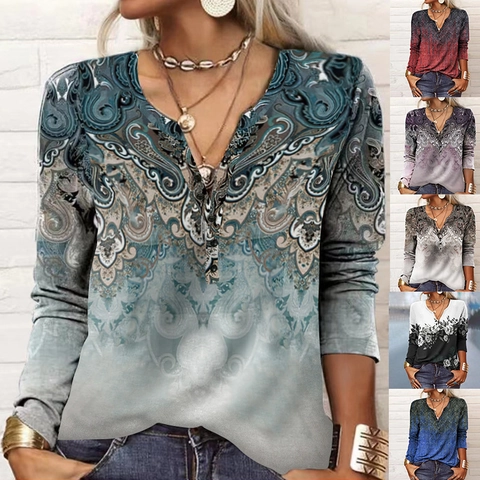 Women V Neck Button Long Sleeve T-Shirt Bohemian Paisley Floral Print Gradient Casual Loose Pullover Top