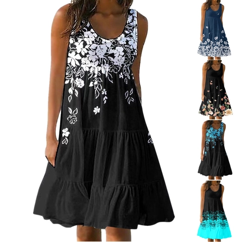 Women Summer Sleeveless Floral Print Midi Dress Casual U-Neck Tiered A-Line Beach Sundress Vacation Outfits Cotton Blend