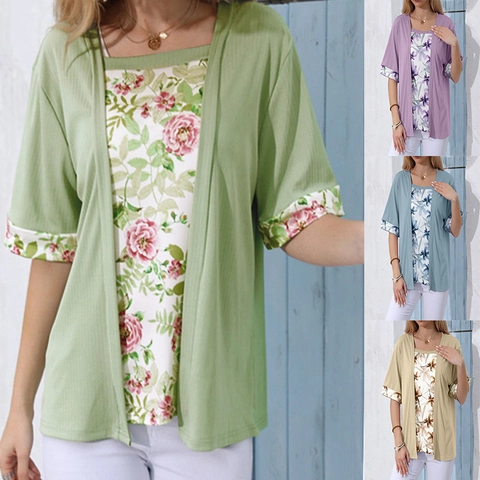 Women Plus Size False Two Piece T-Shirt Floral Print Elegant Square Neck Half Sleeve Loose Comfortable Summer Top Clothing