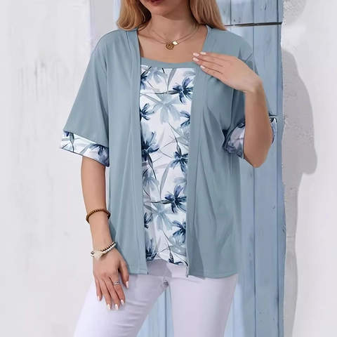 Women Plus Size False Two Piece T-Shirt Floral Print Elegant Square Neck Half Sleeve Loose Comfortable Summer Top Clothing
