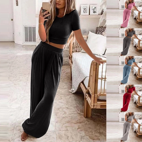 Damen Casual Rippenstrick Loungewear Set Kurzarm Crop Top Und Weite Hose Mit Hoher Taille Einfarbiger Hausanzug