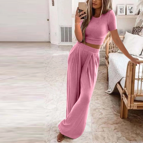 Damen Casual Rippenstrick Loungewear Set Kurzarm Crop Top Und Weite Hose Mit Hoher Taille Einfarbiger Hausanzug