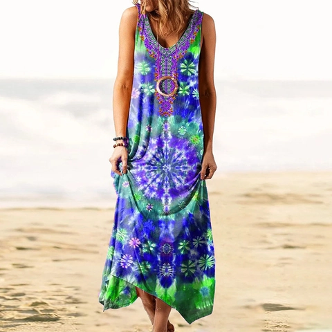 Robe Maxi sans Manches à Col en V pour Femmes Imprimé Ethnique Tie-Dye Été Plage Vacances Robe Longue Ample