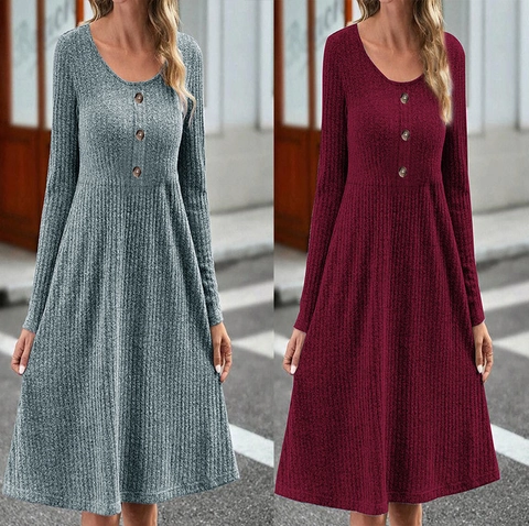 Dames Geribbelde A-Lijn Midi-Jurk Lange Mouw Ronde Hals Effen Kleur Casual Vakantie Knoop Decor Gebreide Jurk