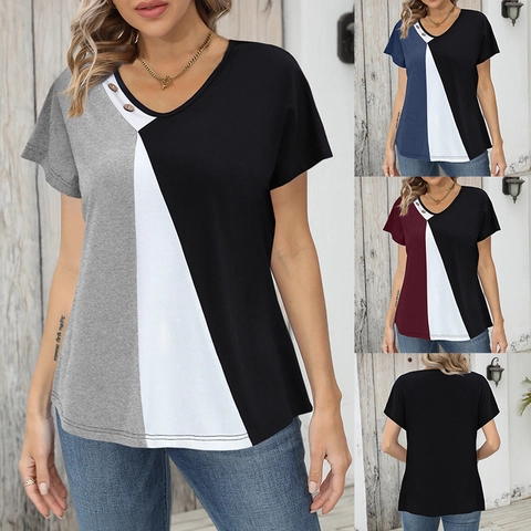 Γυναικείο Casual T-Shirt με Χρωματικές Αντιθέσεις Λαιμόκοψη V Κοντομάνικο Χαλαρό Patchwork Τοπ με Διακοσμητικά Ξύλινα Κουμπιά
