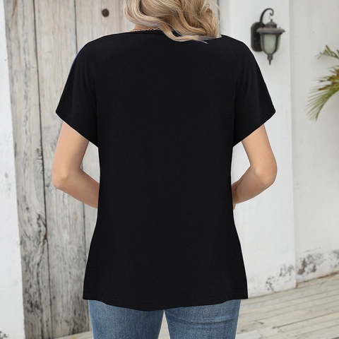 Γυναικείο Casual T-Shirt με Χρωματικές Αντιθέσεις Λαιμόκοψη V Κοντομάνικο Χαλαρό Patchwork Τοπ με Διακοσμητικά Ξύλινα Κουμπιά