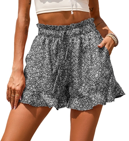 Pantaloncini in Chiffon con Stampa Floreale a Vita Alta da Donna Pantaloncini con Coulisse con Orlo a Volant Casual Estivi con Tasche