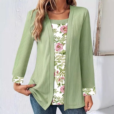T-Shirt a Maniche Lunghe a Costine Finto Due Pezzi da Donna Top Casual Ampio con Stampa Floreale Abbigliamento Moda Autunno