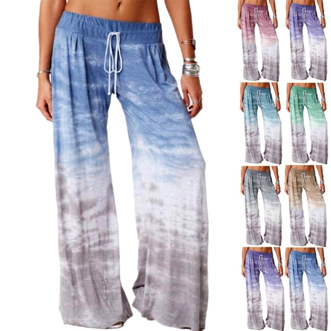 Women Casual Tie Dye Gradient Wide Leg Pants Loose High Waist Drawstring Yoga Trousers Streetwear Bohemian Summer Long Pants