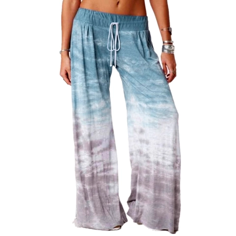 Women Casual Tie Dye Gradient Wide Leg Pants Loose High Waist Drawstring Yoga Trousers Streetwear Bohemian Summer Long Pants