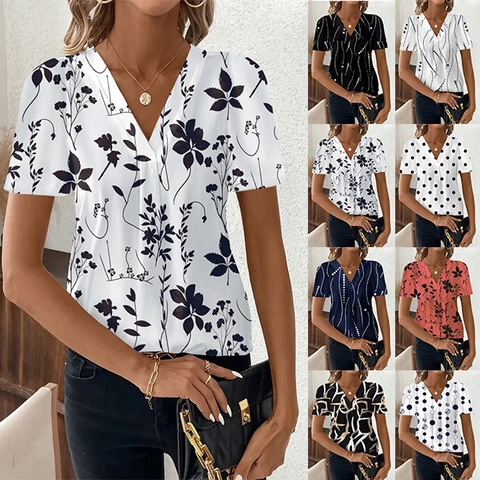 Maglietta da Donna Casual Scollo a V Manica Corta Stampata in Poliestere Spandex Top Moda Street Style Vestibilità Larga