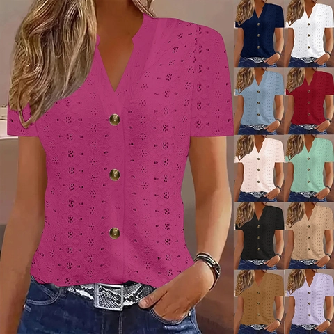 Γυναικείο Casual T-Shirt με Λαιμόκοψη V και Κοντό Μανίκι Κουμπιά Μπροστά Κέντημα με Τρύπες Καλοκαιρινό Χαλαρό Τοπ Μονόχρωμο