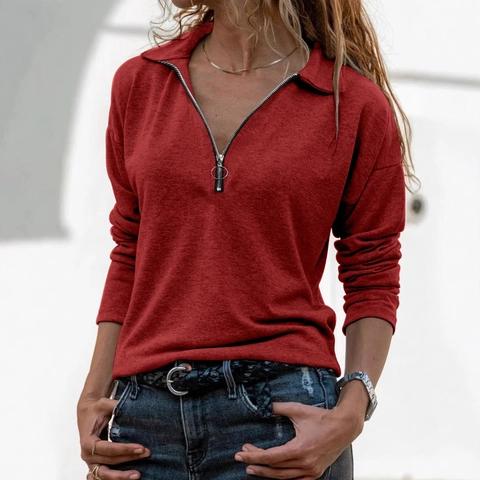 Women Casual Knit Long Sleeve Lapel Polo Shirt Half Zipper Pullover Loose Fit Solid Color Fashion Fall Winter Sweatshirt