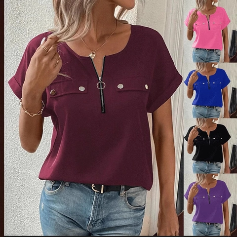 Women Casual Zipper V Neck T-Shirt Short Sleeve Solid Color Top With Decorative Pockets Metal Button Fashion Shirt