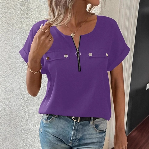 Women Casual Zipper V Neck T-Shirt Short Sleeve Solid Color Top With Decorative Pockets Metal Button Fashion Shirt