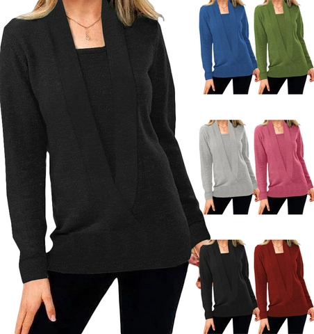 Suéter De Punto De Cachemira Casual Para Mujer Elegante Cuello En V Falsa Dos Piezas Manga Larga Color Sólido Pullover