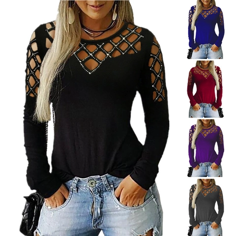 Women's Long Sleeve T-Shirt With Rhinestone Lattice Cut-Out Detail Round Neck Solid Color Casual Loose Pullover Top